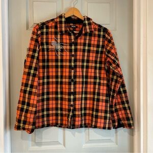 Krazy Kat Women's M Halloween Fall Spider Orange Black Plaid 100% Cotton Shirt